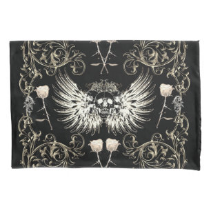 Housse D'oreillers Romance gothique victorien crâne ailes et roses bl