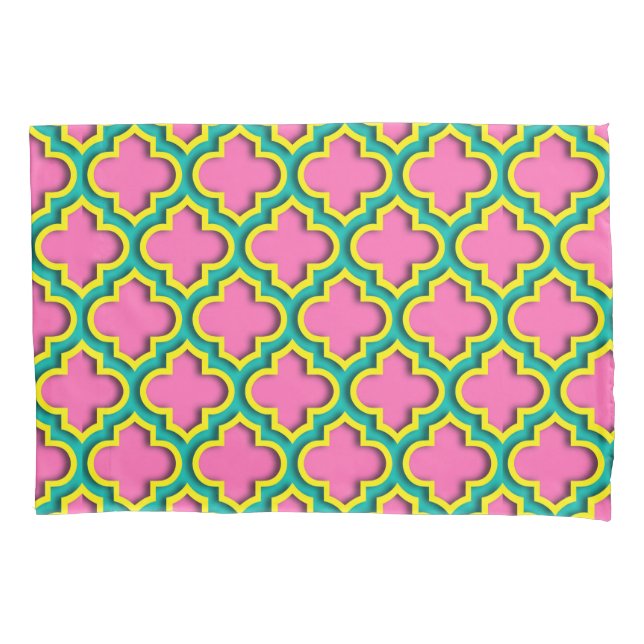 Housse D'oreillers Rose chaud #2, Jaune, Quatrefoil marocain Turquois (devant)