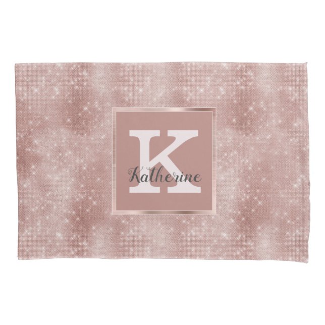 Housse D'oreillers Rose d'or Glam Diamond Sparkle Nom du monogramme (devant)