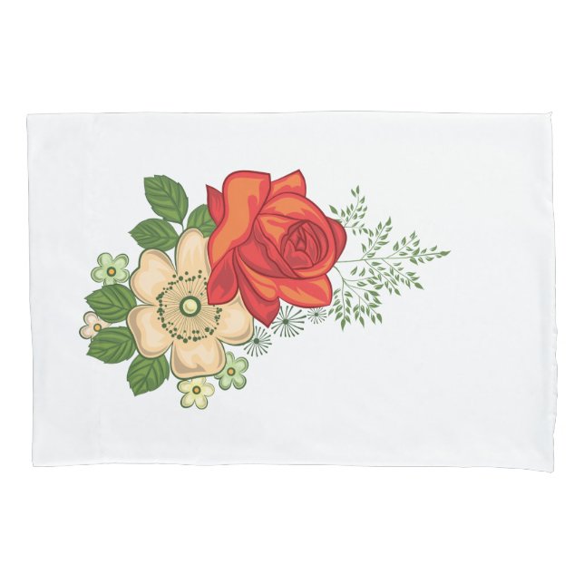 Housse D'oreillers Rose Rouge et Pâquerettes (devant)