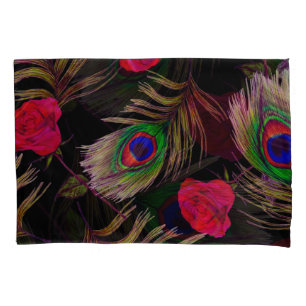 Housse D'oreillers Roses d'aquarelle, plumes de paon, décoration.
