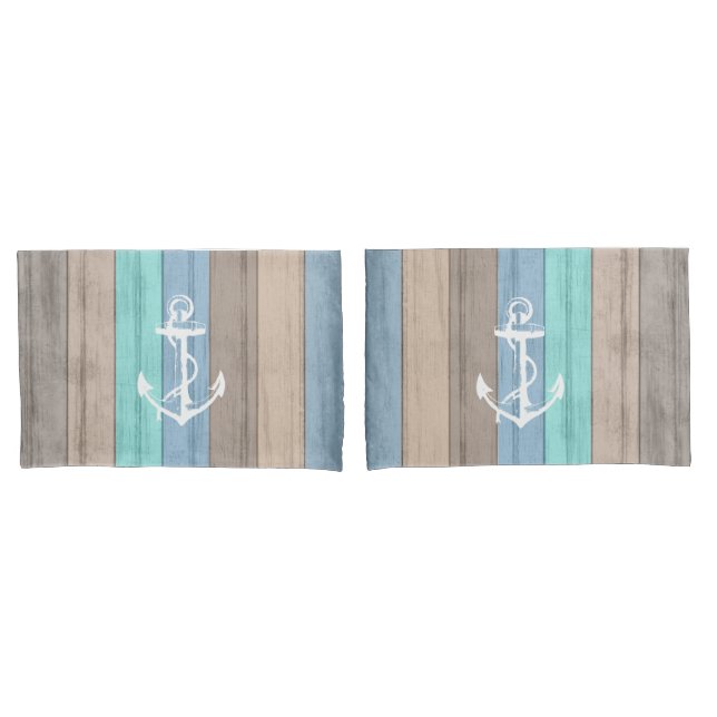 Housse D'oreillers Rustic Beach Wood Bandes et Ancres nautiques (devant-Set)
