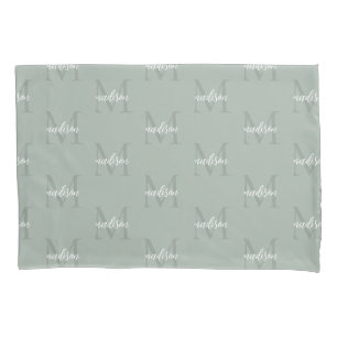 Housse D'oreillers Sage Green - Monogramme répétitif Nom personnalisé