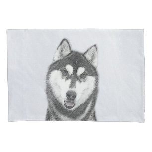 Housse D'oreillers Sibérie Husky (noir et blanc) peint l'art du chie
