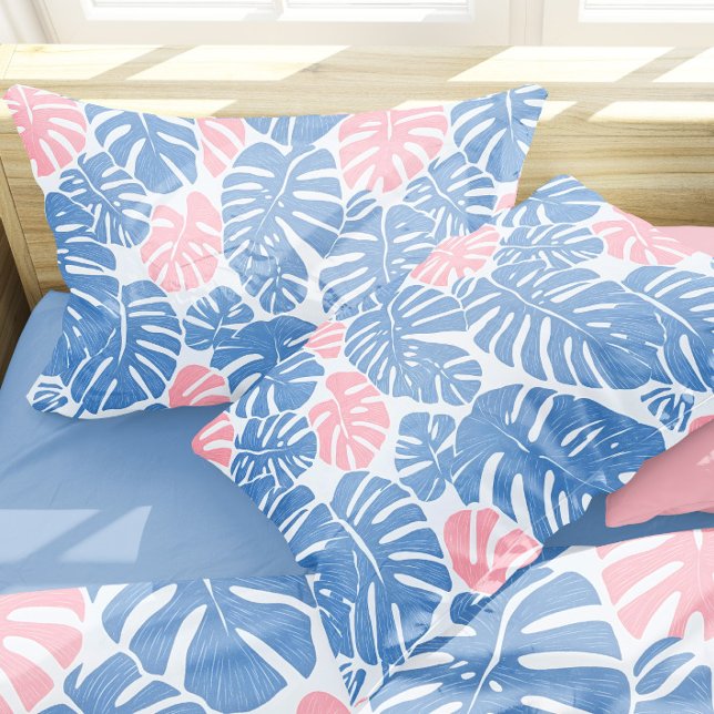 Housse D'oreillers Simple et Abstrait Mostera rose et bleu Motif (Introducing a modern and abstract pillow case featuring a bold botanical leave pattern.)