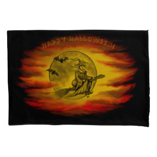 Housse D'oreillers Sorcière volante avec chat noir, nuit halloween