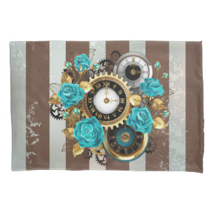 Housse D'oreillers Steampunk Clock and Turquoise Roses on Striped