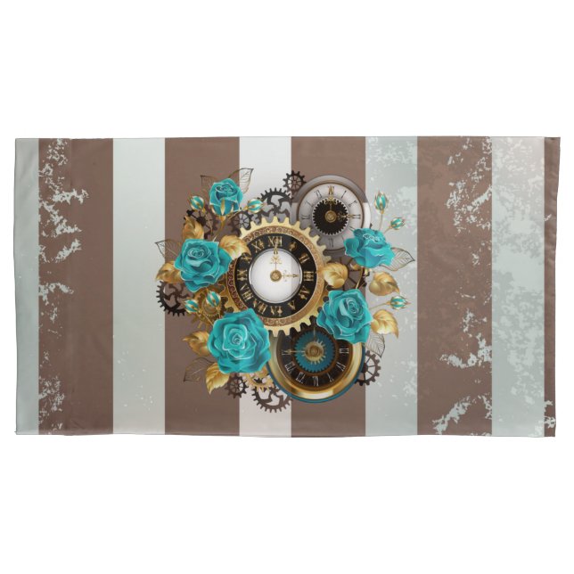 Housse D'oreillers Steampunk Clock and Turquoise Roses on Striped (devant)