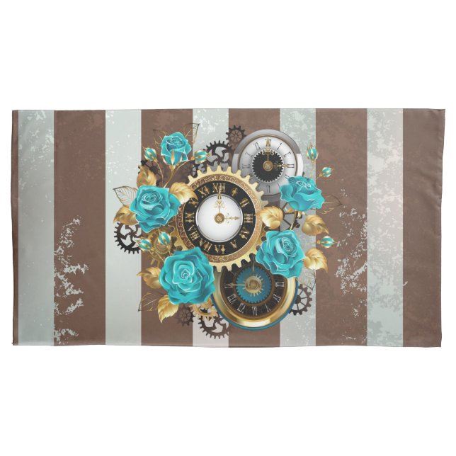 Housse D'oreillers Steampunk Clock and Turquoise Roses on Striped (devant-gauche)
