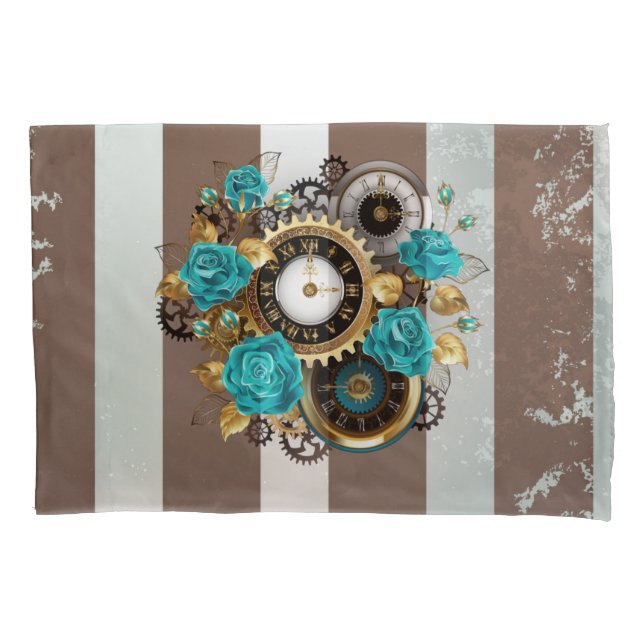 Housse D'oreillers Steampunk Clock and Turquoise Roses on Striped (devant-gauche)
