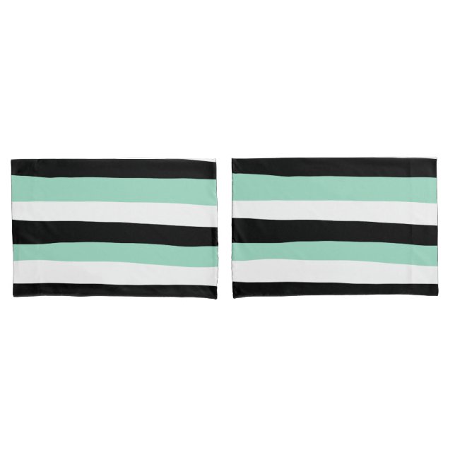 Housse D'oreillers Stripes inégales - Mint vert, blanc et noir (devant-Set)