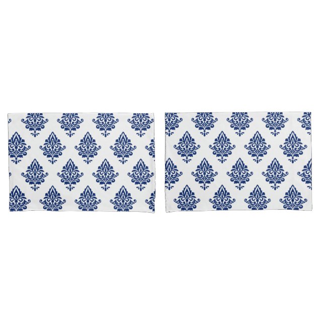 Housse D'oreillers Style marine bleu et blanc Damas motif (devant-Set)