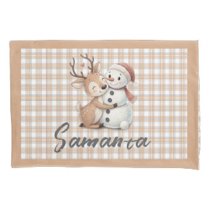 Housse D'oreillers Tartan carreaux renne bonhomme de neige beige blan