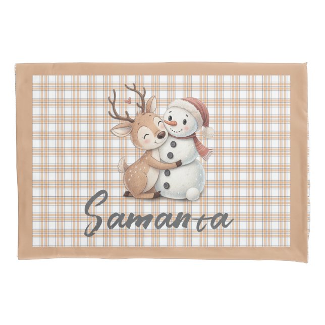 Housse D'oreillers Tartan plaid reindeer snowman  beige white name (devant)