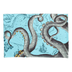 Housse D'oreillers Tentacles Gris Sur Carte Vintage Bleu