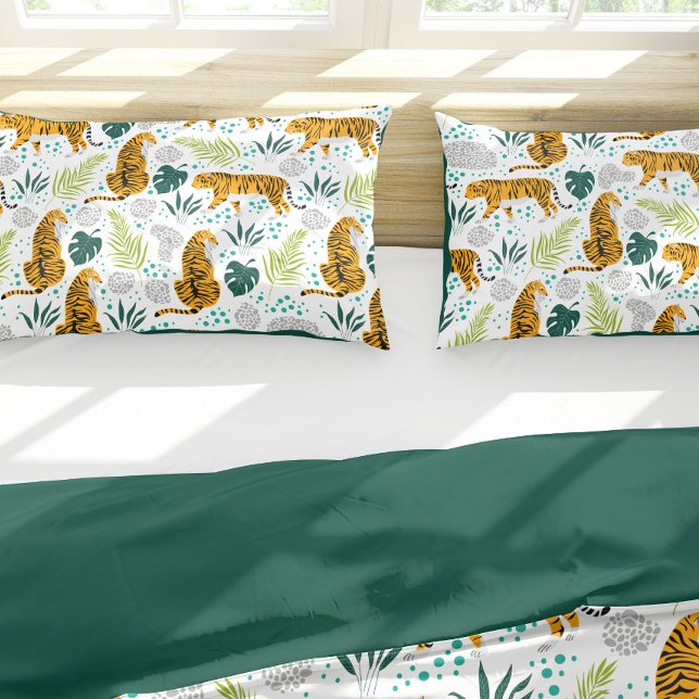 Housse D'oreillers Tigres & Feuilles tropicaux Motif, Vert (Créateur téléchargé)