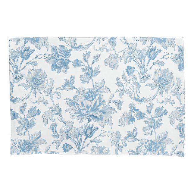 Housse D'oreillers Toile-de-jouy Chinoiseries motif floral bleu (devant)