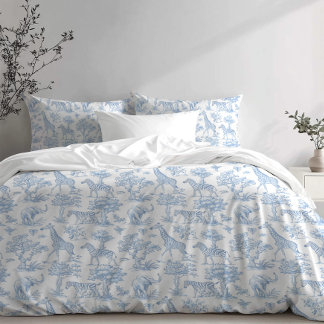 Housse D'oreillers Toile de Jouy Safari animaux bleu
