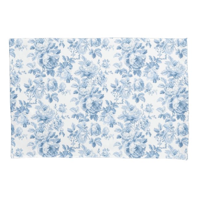 Housse D'oreillers Toile Florale Bleue & Blanc (devant)