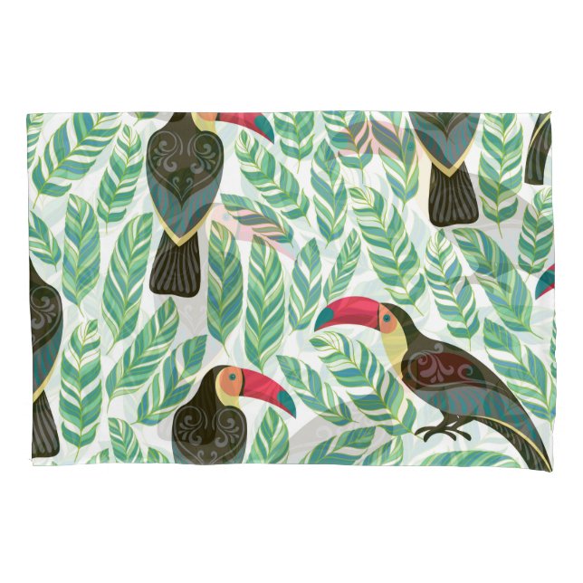 Housse D'oreillers Toucans, feuilles tropicaux, motif décoratif. (devant)
