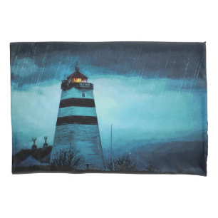 Housse D'oreillers Tour du phare bleu la nuit sous une pluie battante