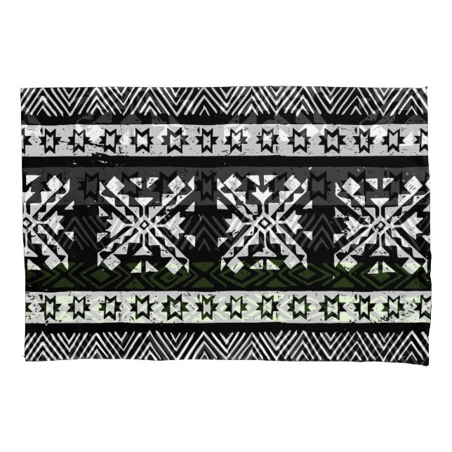 Housse D'oreillers Tribal Navajo, motif noir blanc vert. (devant)