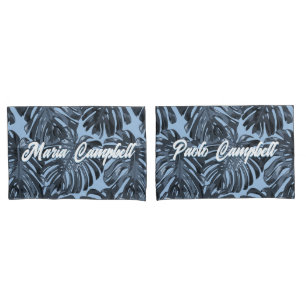 Housse D'oreillers Tropical Dark Grey Blue Feuilles Deux noms
