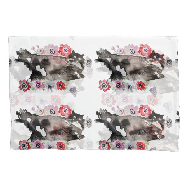 Housse D'oreillers Tuxedo Chat Cute Jolie Fleurs Chats Aquarelle (devant)