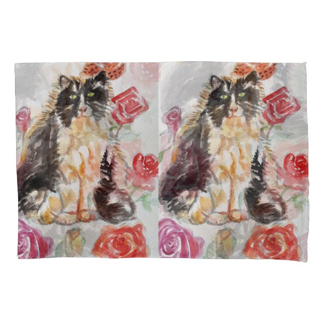 Housse D'oreillers Tuxedo Chat Cute Rose Fleurs Chats Aquarelle Rose (devant)
