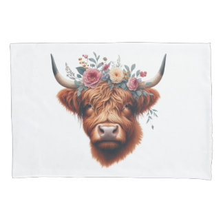 Housse D'oreillers Vache des hautes terres mignonne, florale/printani