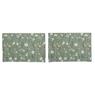 Housse D'oreillers Vert sauge jaune blanc boho fleurs sauvages floral