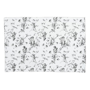 Housse D'oreillers Vintage Angels Cupid Floral Noir Blanc Toile