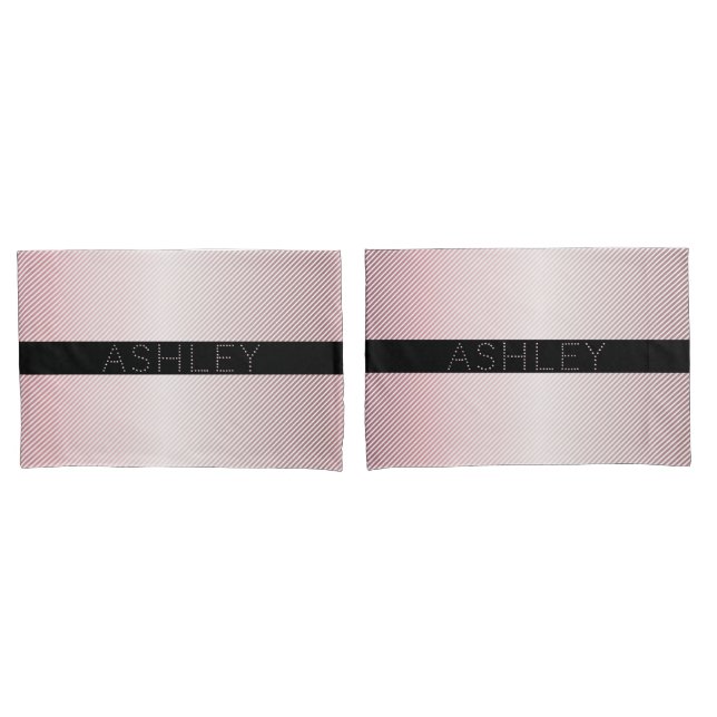 Housse D'oreillers Votre nom | Ombre Rose mince et bandes blanches (devant-Set)