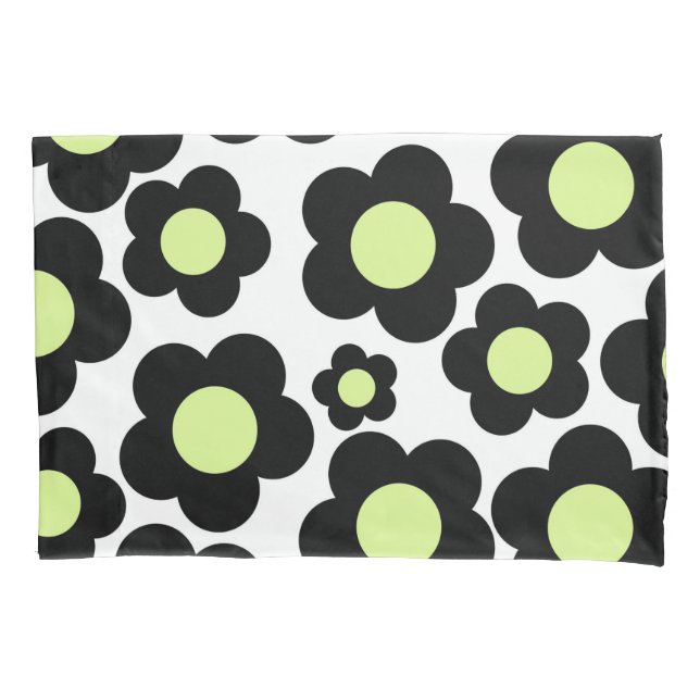 Housse D'oreillers Whimsical Black & Lime Green Floral Retro Cheerfu (devant)