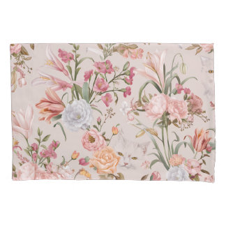 Housse D'oreillers White Cats Pink Roses Floral 