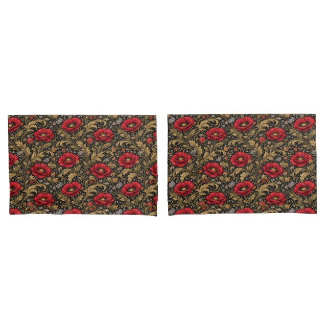 Housse D'oreillers William Morris Inspired Pattern Red Poppy (devant-Set)