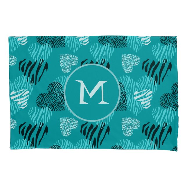 Housse D'oreillers Zebra Print Hearts Turquoise Blanc Monogramme (devant)