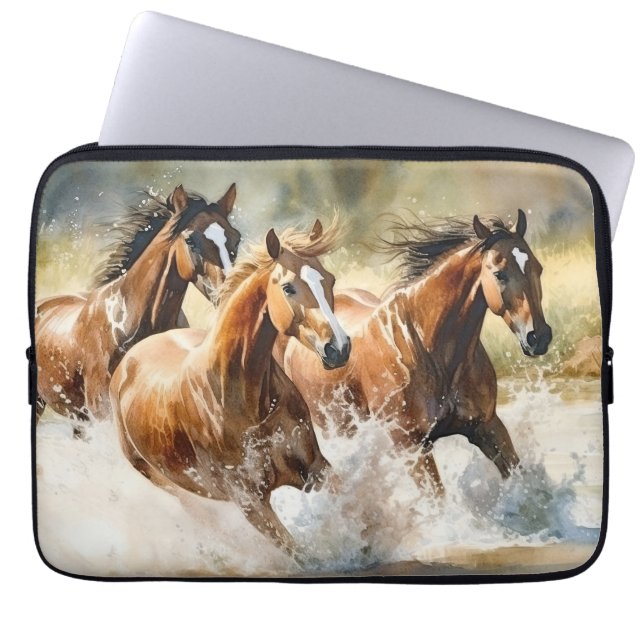 Housse Pour Ordinateur Portable 3 Chevaux Sauvages Stream aquarelle peinture (Devant)