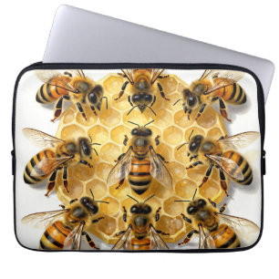Housse Pour Ordinateur Portable Abeilles à miel sur un cercle en nid d'abeille hex