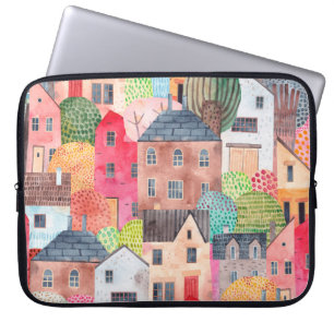 Housse Pour Ordinateur Portable Abstrait motif sans couture avec maisons. Aquarell