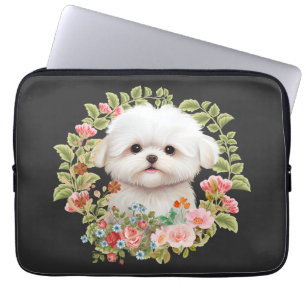 Housse Pour Ordinateur Portable adorable chiot maltais en fleur, Amoureux des chie