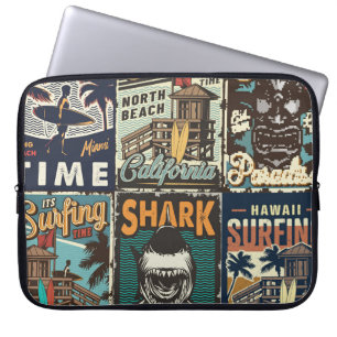 Housse Pour Ordinateur Portable Affiches de surf colorées vintages avec bus surf