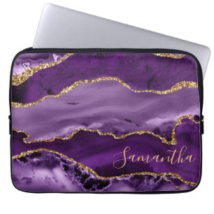 Housse Pour Ordinateur Portable Agate Marbre scintillant or faux et violet