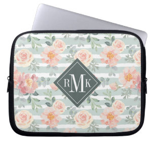 Housse Pour Ordinateur Portable Ajoutez votre motif rose de rayure du monogramme  