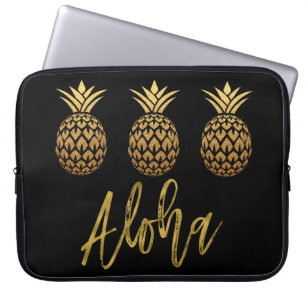 Housse Pour Ordinateur Portable Aloha noir tropical et feuille d'or d'ananas