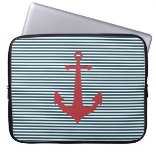 Housse Pour Ordinateur Portable Ancrage marin rouge sur arrière - plan bleu rayé