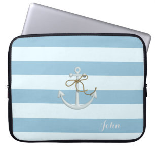 Housse Pour Ordinateur Portable Ancre nautique adorable sur rayures bleu clair
