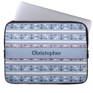 Housse Pour Ordinateur Portable Ancres Nautiques Personnalisées Bleu et Blanc