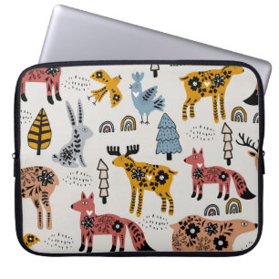 Housse Pour Ordinateur Portable Animaux scandinaves, floral, motif mignon.