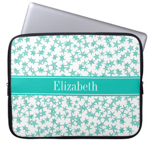 Housse Pour Ordinateur Portable Aqua Turquoise Stars White BG, nom Turquoise Monog